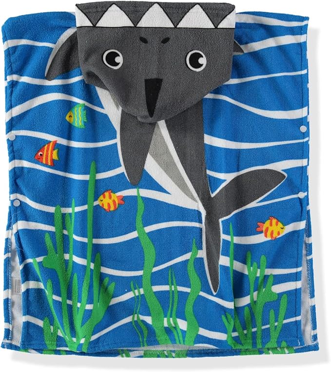Boys and Girls Absorbent Hooded Beach Towel Pullover Character Microfiber Bath Towel with Side Snaps (Shark, 6-7)