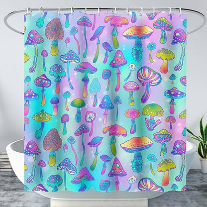 AILONEN Mushroom Shower Curtain for Bathroom,Blue Purple Mushroom Bath Curtain,Cute Cartoon Magic Fungus Decor Bathroom Curtain with 12 Plastic Hooks, 72" W x 84" H