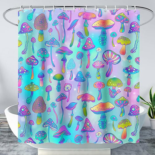 AILONEN Mushroom Shower Curtain for Bathroom,Blue Purple Mushroom Bath Curtain,Cute Cartoon Magic Fungus Decor Bathroom Curtain with 12 Plastic Hooks, 72" W x 84" H