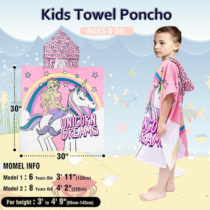 Hooded Kids Beach Towels - Toddler Bath Towel Girls Boys Swim Cover-ups for Ages 4 to 10 Kids Pool Towels Quick Dry Lightweight Soft Microfiber Poncho 30x30 with Bag (Mermaid Unicorn)