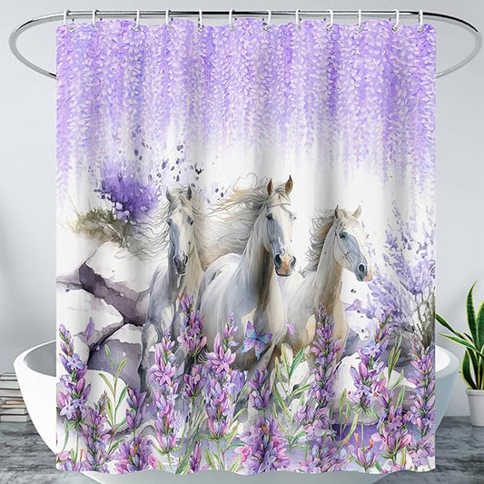 AILONEN Horse Shower Curtain for Boys Girls, Purple Lavender Flower Bath Curtain 72" W*84" H Galloping Horse Bathroom Curtain Polyester Waterproof Watercolor Bathroom Curtain with 12 Hooks