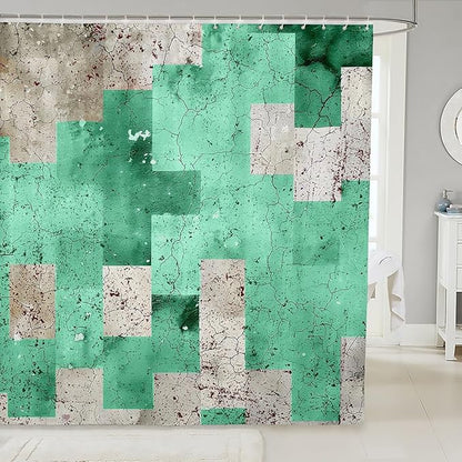 Feelyou Kids Geometric Green Shower Curtain Geometry Bathroom Shower Curtain Set Checkered Bath Curtain Boys Girls Modern Art Teens Bathroom Accessories Room Decor 72"x78"