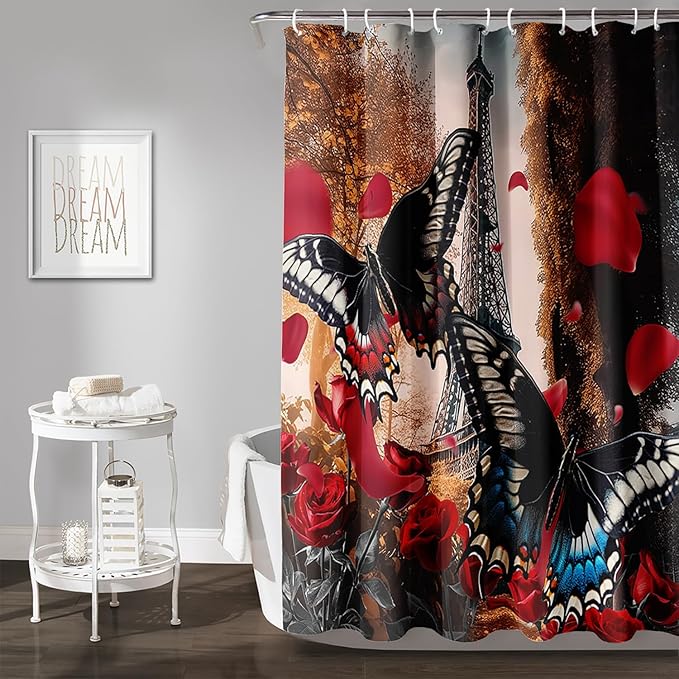 AILONEN Butterfly Shower Curtain for Bathroom,Romantic Red Rose Flower Butterfly Bath Curtain 36" W*72" H,Retro Eiffel Tower Decoration Waterproof Bathroom Curtain with 12 Plastic Hooks