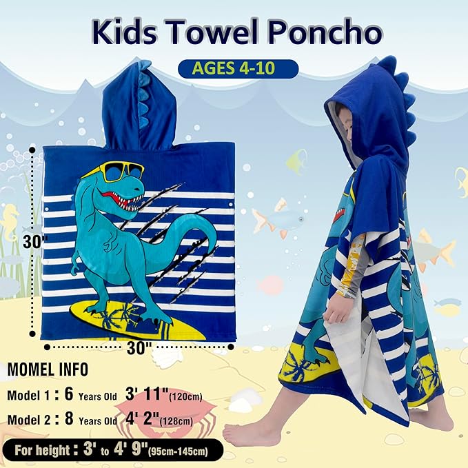 Hooded Kids Beach Towels - Toddler Bath Towel Girls Boys Swim Cover-ups for Ages 4 to 10 Kids Pool Towels Quick Dry Lightweight Soft Microfiber Poncho 30x30 with Bag (Navy Dinosaur)