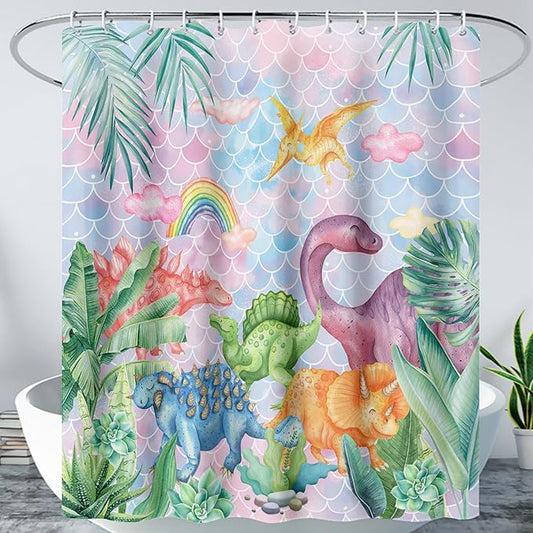 AILONEN Girls Dinosaur Shower Curtain 72" W*84" H for Bathroom,Cute Dinosaur Bathroom Shower for Kids Girls,Cartoon Dinosaur Rainbow Bath Curtain Polyester Waterproof Shower Curtain with 12 Hooks