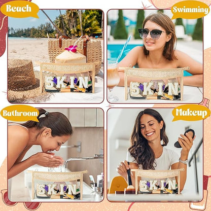 Boho Patch Cosmetic Bag - Summer Gift SKIN Chenille Varsity Letter Toiletry Kit Beige Clear Waterproof Travel Makeup Bag PVC Zipper Clutch Daily Use Purse for Women Girls