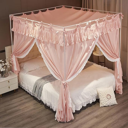 Ruffle Lace up 4 Corners Post Princess Curtain Bed Canopy Cozy Breathable Mosquito Net Cloth for Girls Adults Bedroom Decoration (Pink, 64" W*82" L*82" H/Queen)