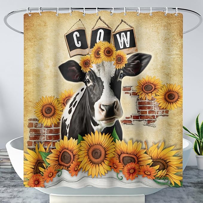 AILONEN Cow Shower Curtains for Kids Boys Girls,Farm Sunflower Cow Bath Curtains for Bathroom Decor,72" W*78" H Polyester Waterproof with 12 Plastic Hooks