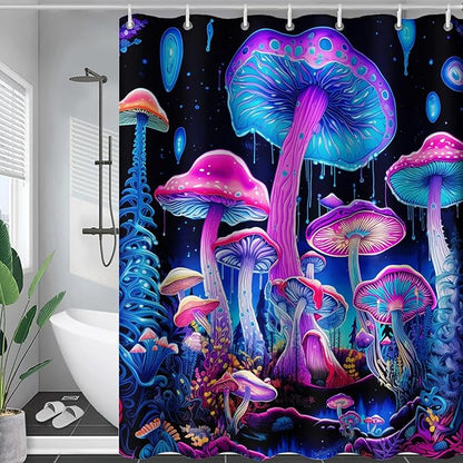 AILONEN Mushroom Shower Curtain for Bathroom, 3D Oil Painting Mushroom Bath Curtain,Blue Purple Fairy Fantasy Fungus Botanical Decoration Waterproof Curtain with 12 Plastic Hooks, 72" W*84" H