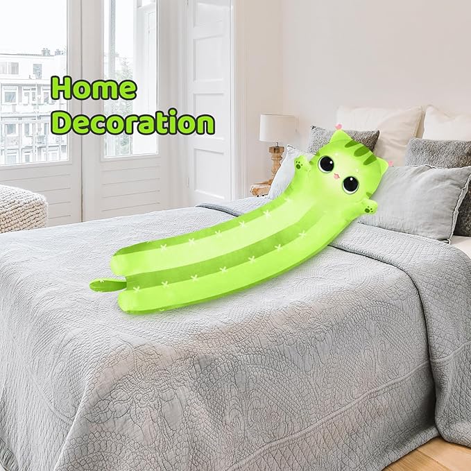 Long Cat Plush Kawaii Kids Plush Toy Pillows, Cute Cat Stuffed Animals Soft Plushies, Kitten Big Plush Toys Throw Body Pillow Doll Gift for Girls Boys (Cactus Cat 44 Inch)