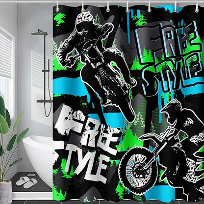 AILONEN Boys Motocross Hip Hop Shower Curtain,Dirt Bike Racer Waterproof Bath Curtain,Motorcycle Sport Curtain for Kids Men,Colorful Cartoon Shower Curtain 72" W x 84" H