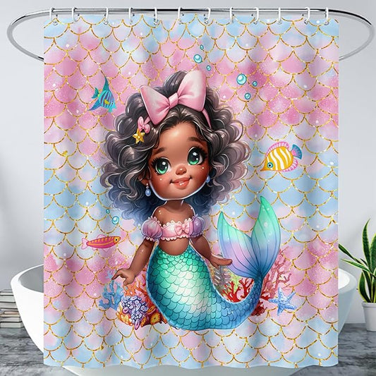 AILONEN Mermaid Shower Curtain,Cute Black Girls Mermaid Bath Curtain for Kids Girls,Ocean Fish Pink Mermaid Scale Print Shower Curtain for Bathroom Decor Waterproof with 12 Plastic Hooks, 72" W*72" H