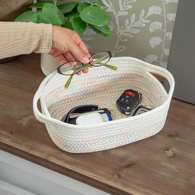 OrganiHaus Set of 5 Rectangle Bathroom Storage Baskets for Organizing, Small Woven Baskets for Storage Basket for Bathroom, Nursery Storage Basket for Baby Nursery Organization, Cute Bins, Rainbow