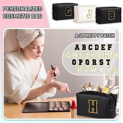 TOPEAST Travel Makeup Bag, Personalized Initial Toiletry Bag w Zipper, Cute Makeup Pouch, PU Leather Waterproof Cosmetic Bag, Birthday Gift for Daughter, Preppy Things for Girls (Black G)