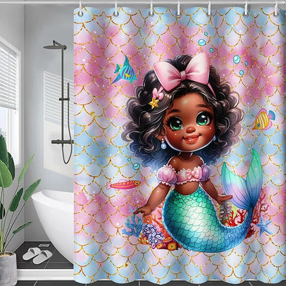 AILONEN Mermaid Shower Curtain,Cute Black Girls Mermaid Bath Curtain for Kids Girls,Ocean Fish Pink Mermaid Scale Print Shower Curtain for Bathroom Decor Waterproof with 12 Plastic Hooks, 72" W*78" H