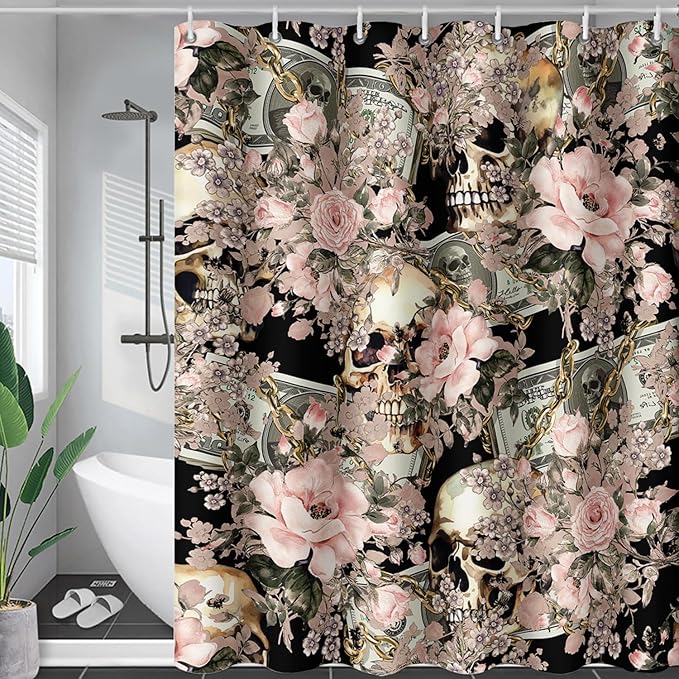 AILONEN Sugar Skull Shower Curtain for Bathroom,Romantic Rose Flower Bath Curtain for Girls Women,Money Skull Skeleton Print Waterproof Curtain with 12 Plastic Hooks, 36" W*72" H