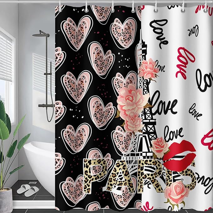 AILONEN Heart Love Shower Curtain for Bathroom, Black and White Eiffel Tower Print Bath Curtain,Pink Hearts Girls Women Shower Curtain Decoration Waterproof with 12 Plastic Hooks, 60" W*72" H
