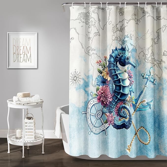 AILONEN Seahorse Shower Curtain for Bathroom,Nautical Coast Retro Map Ocean Bath Curtain 60" W*72" H,Blue Sea Animal Print Decorative Waterproof Curtain with 12 Plastic Hooks