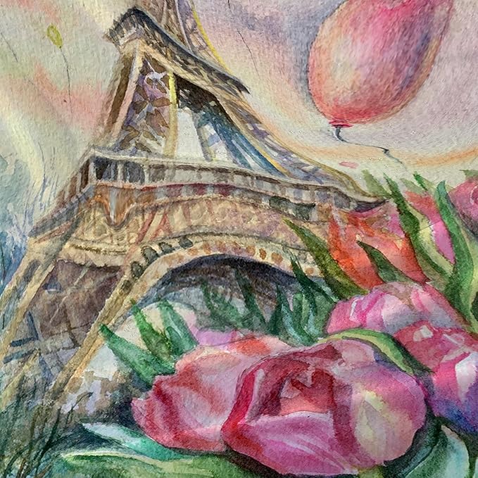 AILONEN Eiffel Tower Shower Curtain,Fantasy Tower Bathroom Fabric Shower Curtain for Girls Kids Teens, 72" W*78" H Flower Balloon Paris Tower Watercolor Theme Bathroom Decor