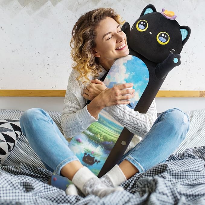 Long Cat Plush Kawaii Kids Plush Toy Pillows, Cute Black Cat Stuffed Animals Soft Plushies, Kitten Big Plush Toys Throw Body Pillow Doll Gift for Girls Boy (Butterfly Black Cat 20 Inches)