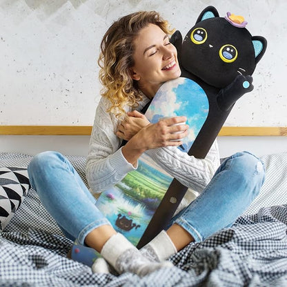 Long Cat Plush Kawaii Kids Plush Toy Pillows, Cute Black Cat Stuffed Animals Soft Plushies, Kitten Big Plush Toys Throw Body Pillow Doll Gift for Girls Boy (Butterfly Black Cat 20 Inches)