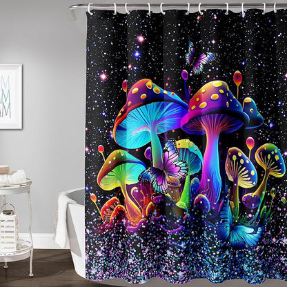 AILONEN Mushroom Shower Curtain for Boys Girls, Cartoon Mushroom Bath Curtain 60" W*72" H Colorful Sky Starry Bathroom Curtain Polyester Waterproof Plant Fungus Bathroom Curtain with 12 Hooks