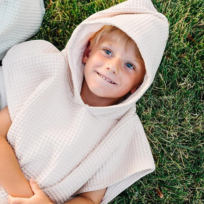 Hooded Towel for Kids | Snaps into a Poncho | Organic Cotton Waffle | Lightweight and Absorbent | Bath, Beach, and Pool | Multiple Colors | (Large (6-10 Yrs), Cloud)