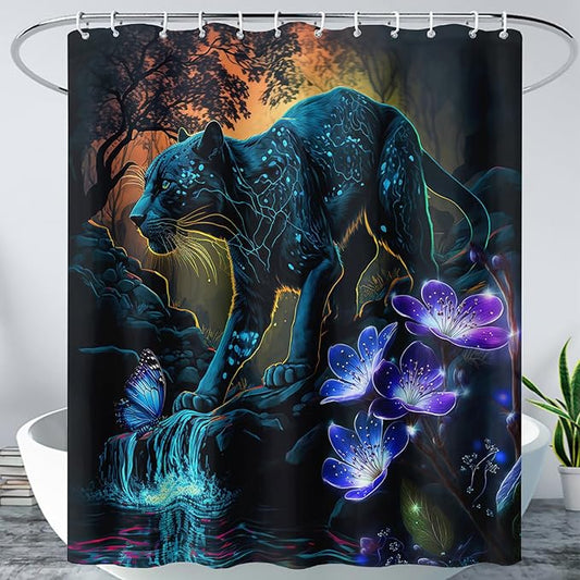 AILONEN Black Panther Shower Curtain,Glowing Panther Print Bath Curtain for Kids Boys Men,Wildlife Forest Cheetah Leopard Waterproof Shower Curtain for Bathroom, 60" W x 72" H