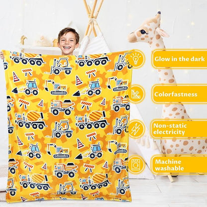 Construction Truck Toys Gifts for Boys Truck Blanket Glow in The Dark Construction Blanket Tractor Blanket for Toddler Boys Excavator for Kids 50x60 inch