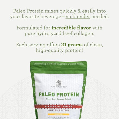 Amy Myers MD Pure Paleo Protein Powder - Clean Grass Fed Pasture Raised Protein - Hormone Free, Non-GMO, Gluten & Dairy Free - Perfect for Keto and Paleo - 29.31 Oz - Peppermint Mocha