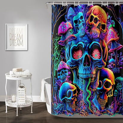 AILONEN Mushroom Skull Shower Curtain for Bathroom,Purple Mushroom Skull Bath Curtain,Fantasy Fairy Skull Skeleton Decoration Bathroom Waterproof Shower Curtain with 12 Plastic Hooks, 72" W*72" H