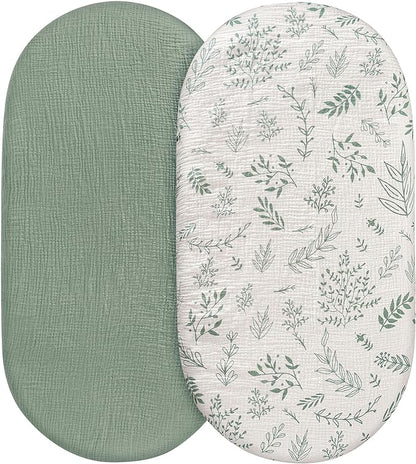 Muslin Bassinet Sheets 2 Pack for Baby Boy and Girl, Breathable Elastic Cozy Fitted Cotton Bassinet Mattress Sheet, Universal Fit for Hourglass Oval and Rectangle Bassinet Mattress (Natural Leaves)