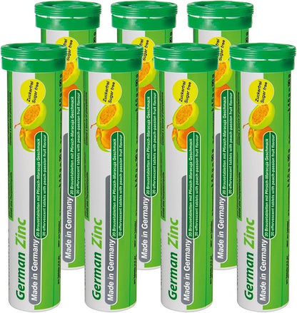 German Zinc 140 Drink Effervescent Tablets - Peach and Passion Fruit Flavour - 5 mg Zinc, Sugarfree, Vegan - T&D Pharma – Made in Germany