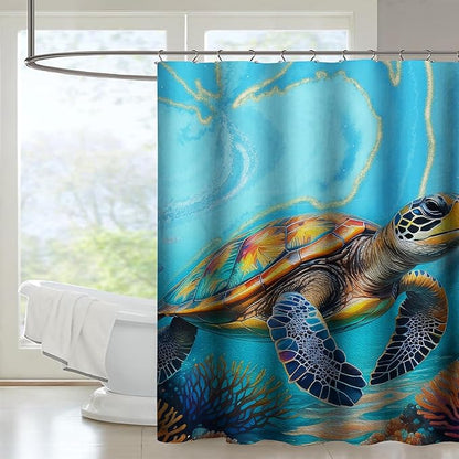 AILONEN Kawaii Sea Turtle Shower Curtain,3D Ocean Animal Themed Bath Curtain Cloth Fabric Bathroom 72" W*84" H Inch,12 Pack Hooks for Kids Child,Colorful Marble Style Bathroom Curtain