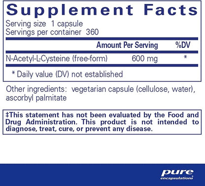 Pure Encapsulations NAC 600 mg - N-Acetyl Cysteine NAC Supplement for Lung Health & Immune Support, Liver Support & Antioxidants* - with Freeform N-Acetyl-L-Cysteine - 360 Capsules