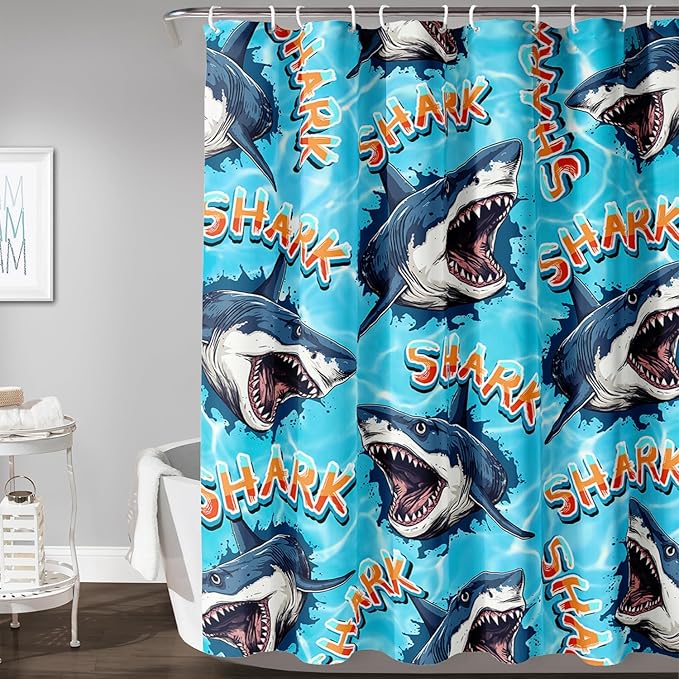 AILONEN Blue Shark Shower Curtain,Scream Shark Bath Curtain Gifts for Kids,Ocean Animal Polyester Waterproof with 12 Plastic Hooks, 36" W*72" H Blue