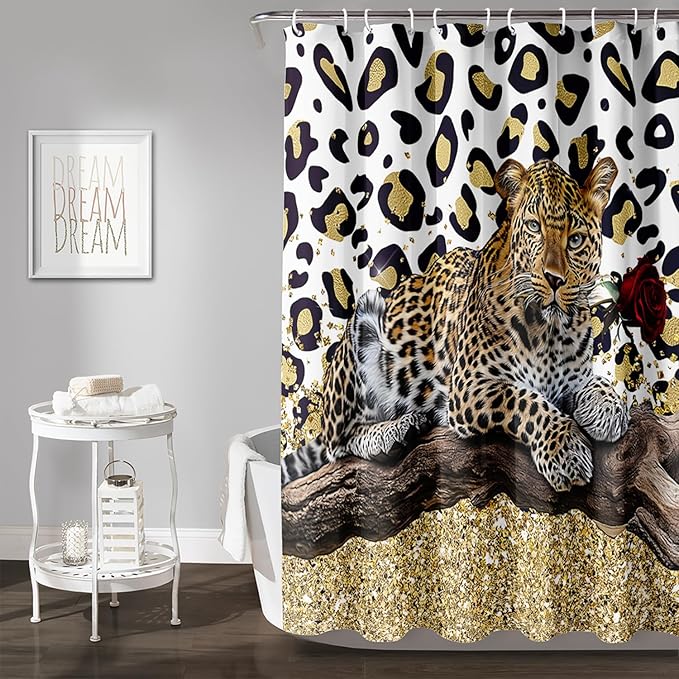 AILONEN Leopard Shower Curtains for Bathroom,Rose Leopard Bath Shower Gifts for Lover,Wild Animal Curtains Polyester Waterproof with 12 Plastic Hooks 72" W*84" H