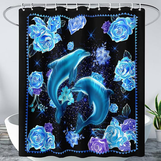 AILONEN Catrtoon Dolphin Shower Curtain Bathroom 36" W*72" H Blue Dolphin Curtain Cloth Fabric Bathroom for Kids Girls,3D Blue Rose with Jumping Dolphins Shower Curtain Set