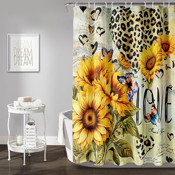 AILONEN Sunflower Waterproof Shower Curtain,Yellow Sunflower Bath Curtain for Girls Women,Romantic Hearts Butterfly Flower Bathroom Curtain with 12 Plastic Hooks, 60" W x 72" H