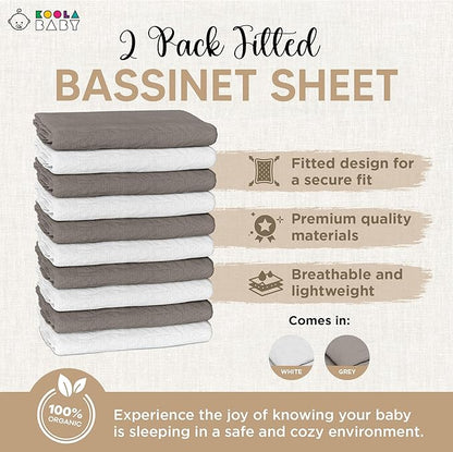 Bassinet Fitted Sheets - Compatible with Halo Bassinest Swivel Sleeper | 100% Organic Muslin Cotton - White + Grey | 30x16 (2 Pack)