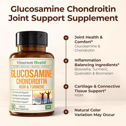 Glucosamine Chondroitin MSM and Turmeric Supplement - Joint Support Supplement for Women & Men with Boswellia & Glucosamine Sulfate 1500 mg. Used for Cartilage & Joint Health & Flexibility 90 Tablets