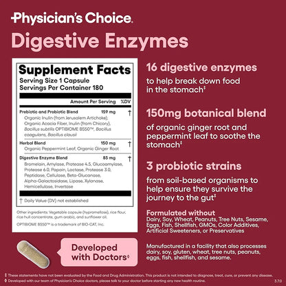 Physician's CHOICE Digestive Enzymes - Multi Enzymes, Organic Prebiotics & Probiotics for Digestive Health & Gut Health - Meal Time Discomfort Relief & Bloating - Dual Action Approach - 180 CT