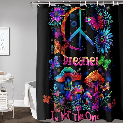 AILONEN Mushroom Shower Curtain for Bathroom,Butterfly Flower Design,Polyester Fabric,Waterproof,Blue Purple Fungus Plants Black Bath Curtains Washable,with 12 Plastic Hooks, 72" W x 96" H
