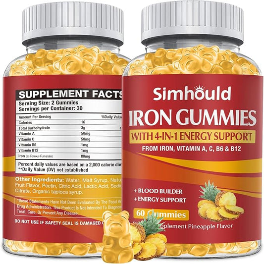 1 Pack Vegan 80MG Iron Supplement Gummies for Women & Men - Vitamin A, C, B for Adults & Kids - Blood Builder & Energy Support for Iron Deficiency, Anemia - 60 Counts Pineapple Flavor Gummies