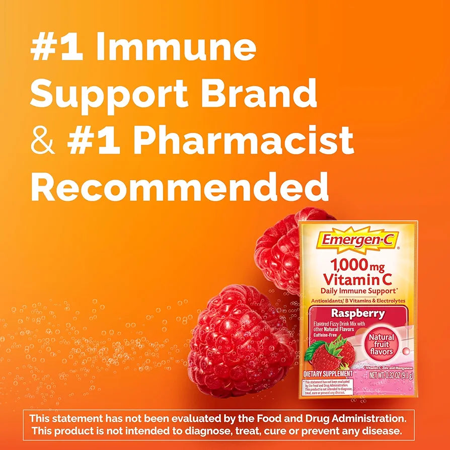 Emergen-C 1000mg Vitamin C Immune Support Powder Raspberry 30CT includes Zinc, Manganese, 7 B Vitamins and Electrolytes for Back to School Essentials