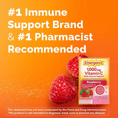 Emergen-C 1000mg Vitamin C Immune Support Powder Raspberry 30CT includes Zinc, Manganese, 7 B Vitamins and Electrolytes for Back to School Essentials