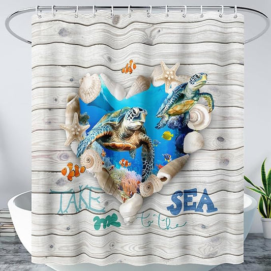 AILONEN 3D Printed Sea Turtle Shower Curtain, Ocean Coast Wooden Style Bathroom Curtain,Shell Turtle Bath Curtain,72" W*72" H Polyester Waterproof Bathroom Curtain with 12 Hooks