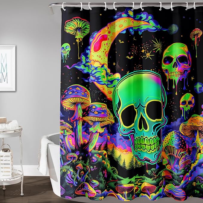 AILONEN Mushroom Skull Shower Curtain for Bathroom, Green Starry Moon Skull Bath Curtain,Fantasy Fungus Skeleton Decor Bathroom Waterproof Curtain with 12 Plastic Hooks, 48" W*72" H