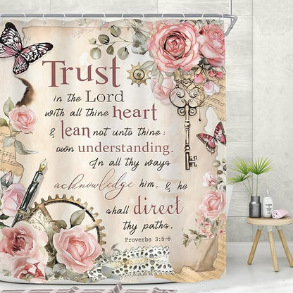 MESHELLY Vintage Pink Christian Shower Curtain 60Wx72H Retro Floral Bible Verse Bathroom Curtain Scripture Bath Curtain Fabric Rustic Flower Butterfly Quotes Bathroom Accessories Decor with 12 Hooks