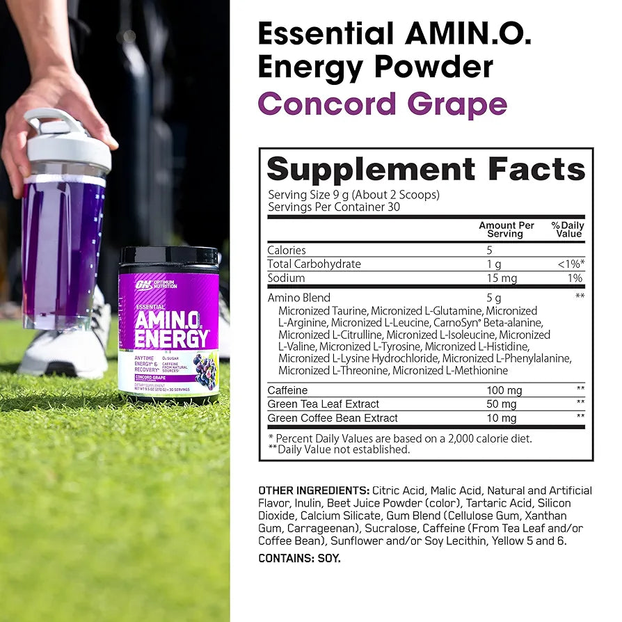 Optimum Nutrition Amino Energy - Pre Workout with Green Tea, BCAA, Amino Acids, Keto Friendly, Green Coffee Extract, Energy Powder - Concord Grape, 30 Servings